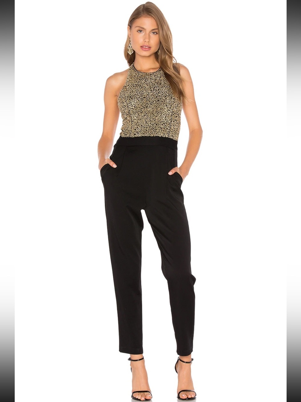 Alice & Olivia Black Gold Sequin Embellished Jeri T-Back Crop Pant Jumpsuit 6